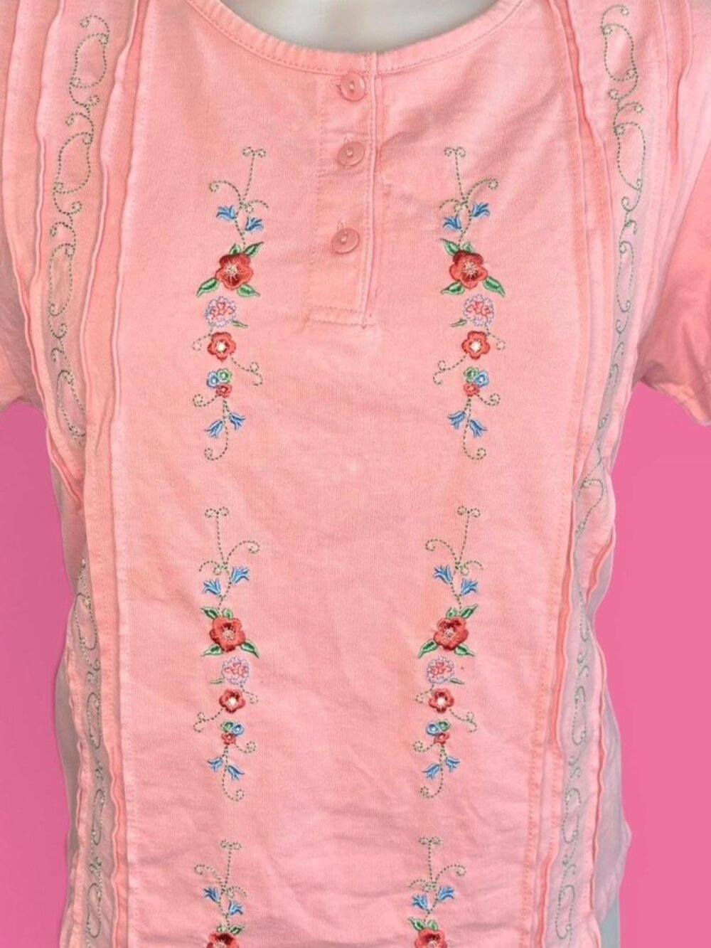 Pink embroidered floral blouse with henley buttons
